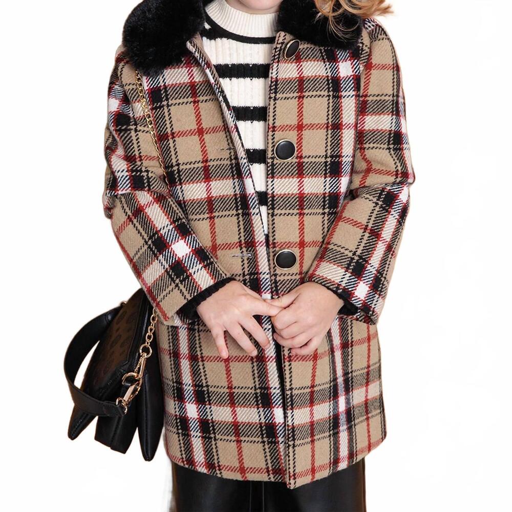 NEW ABEL & LULA faux fur collar plaid coat in tan